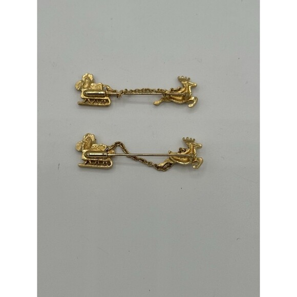 2 Vtg Christmas Santa Sleigh and Reindeer Stick Pins with Chain Gold Tone Avon - Picture 3 of 4